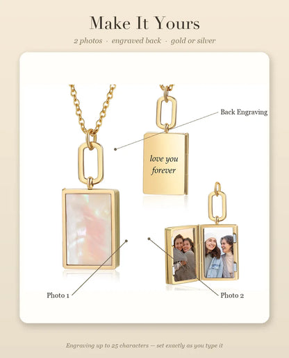 Personalization guide showing Photo 1, Photo 2 and the back engraving