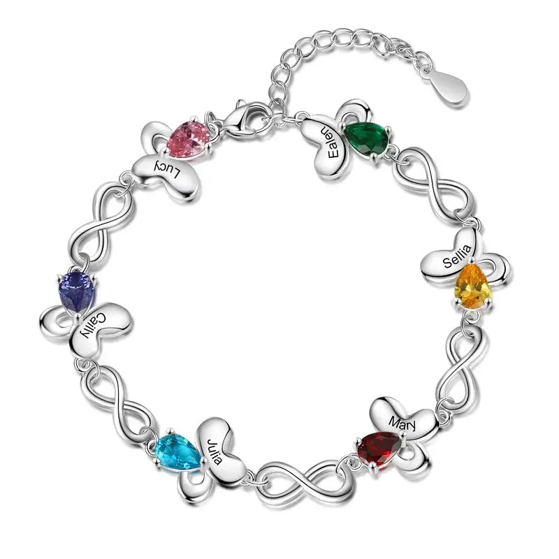 Butterfly & Infinity Charm Personalized Birthstone Bracelet | Engraved Name Bracelet | Up to 6 Birthstone and Names