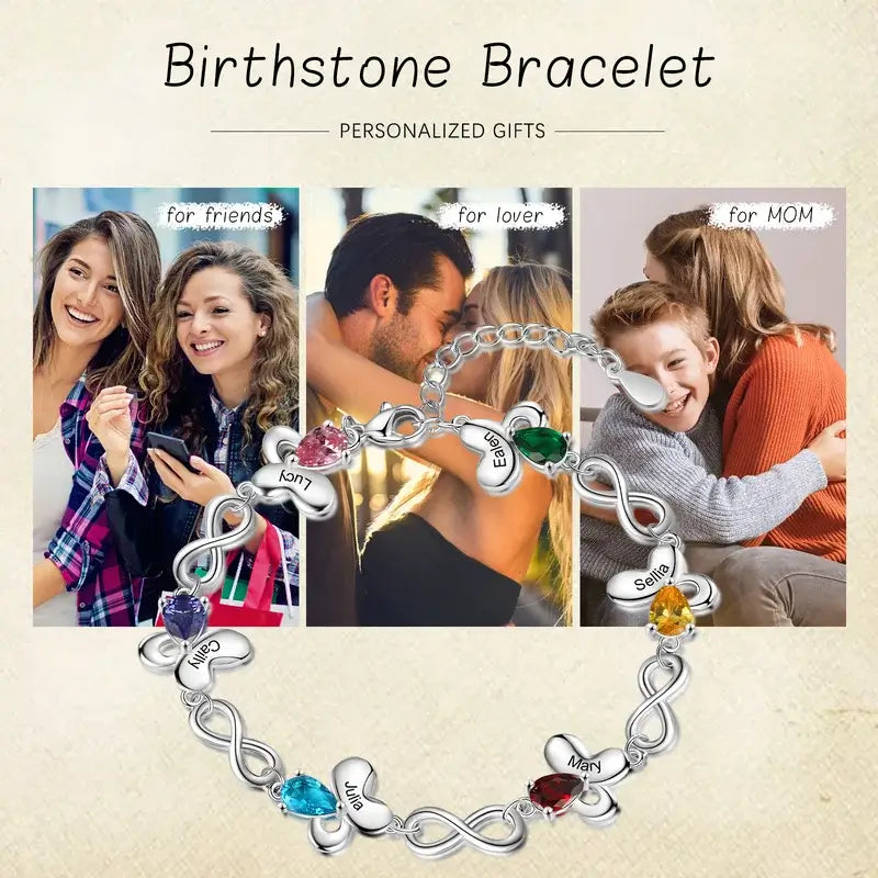 Butterfly & Infinity Charm Personalized Birthstone Bracelet | Engraved Name Bracelet | Up to 6 Birthstone and Names