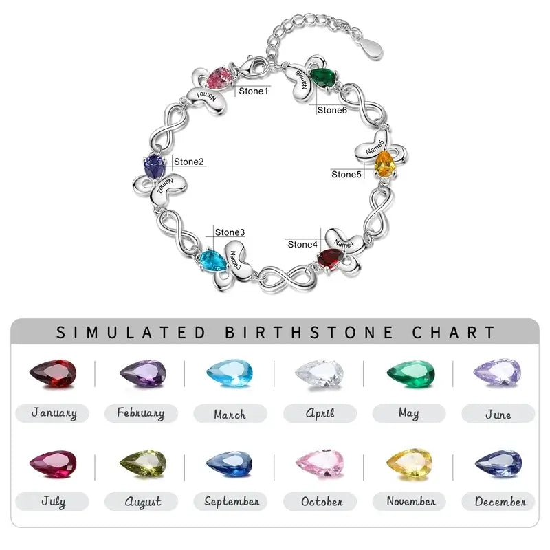 Butterfly & Infinity Charm Personalized Birthstone Bracelet | Engraved Name Bracelet | Up to 6 Birthstone and Names