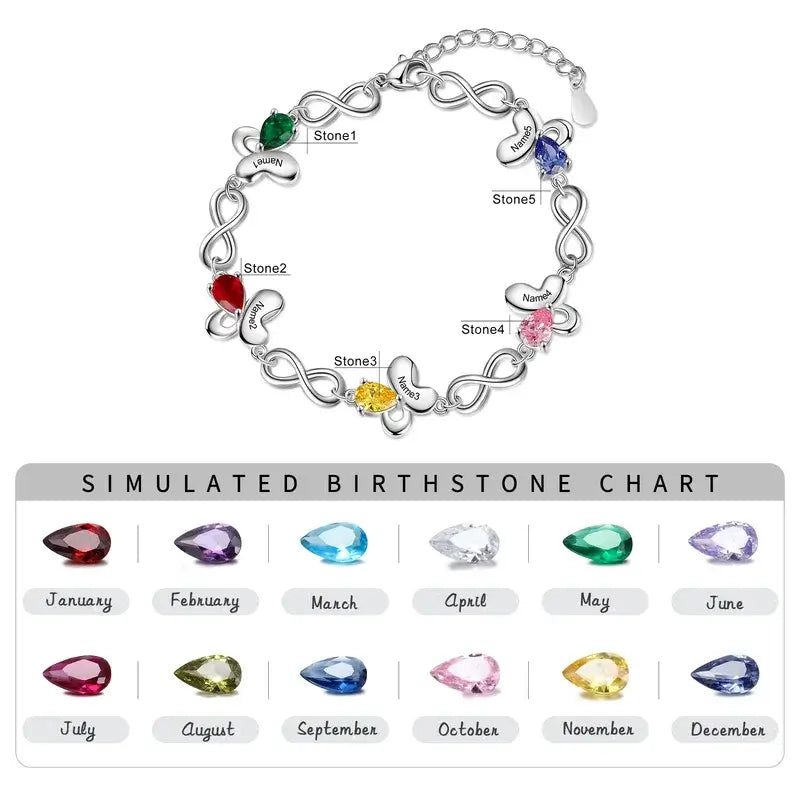 Butterfly & Infinity Charm Personalized Birthstone Bracelet | Engraved Name Bracelet | Up to 6 Birthstone and Names