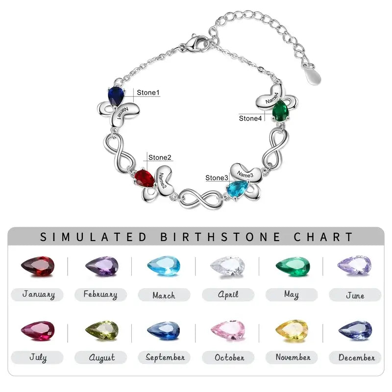 Butterfly & Infinity Charm Personalized Birthstone Bracelet | Engraved Name Bracelet | Up to 6 Birthstone and Names