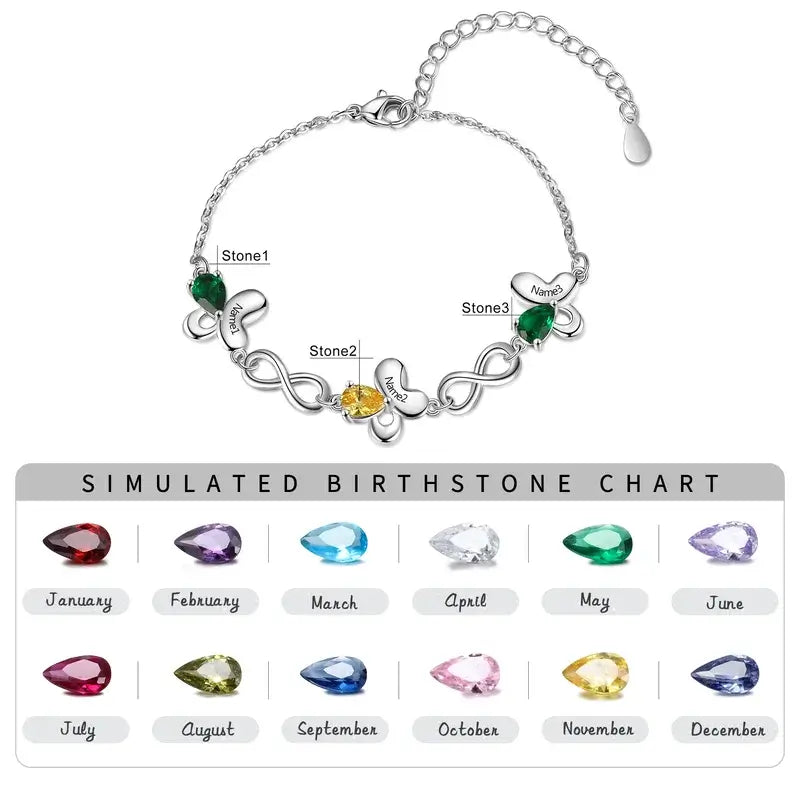 Butterfly & Infinity Charm Personalized Birthstone Bracelet | Engraved Name Bracelet | Up to 6 Birthstone and Names