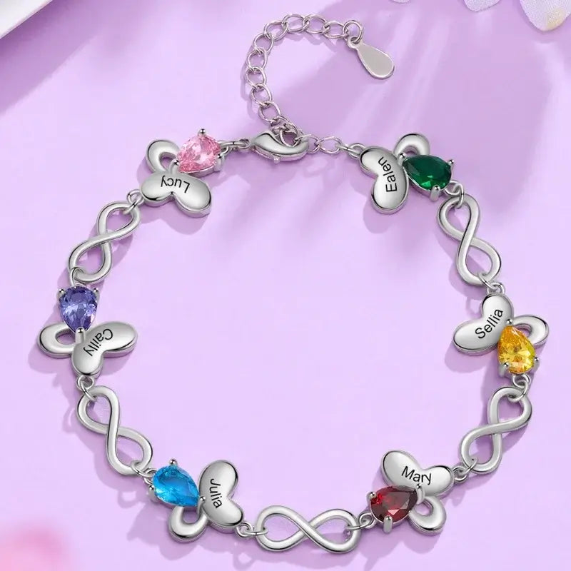 For Mom Personalized Dainty 1-6 Birthstones Bracelet With Engraved