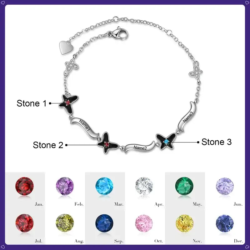 Butterfly Pendant Personalized Birthstone Bracelet with Engraved Name