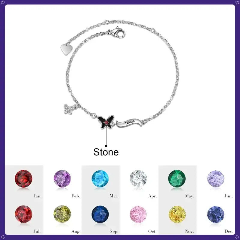 Butterfly Pendant Personalized Birthstone Bracelet with Engraved Name