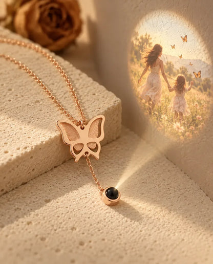 Personalized Butterfly Photo Projection Necklace - projecting the hidden photo onto a wall