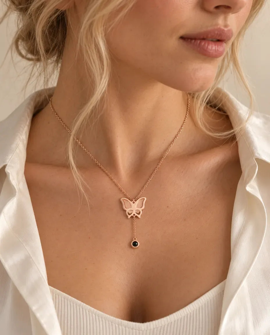 Personalized Butterfly Photo Projection Necklace - worn on a model