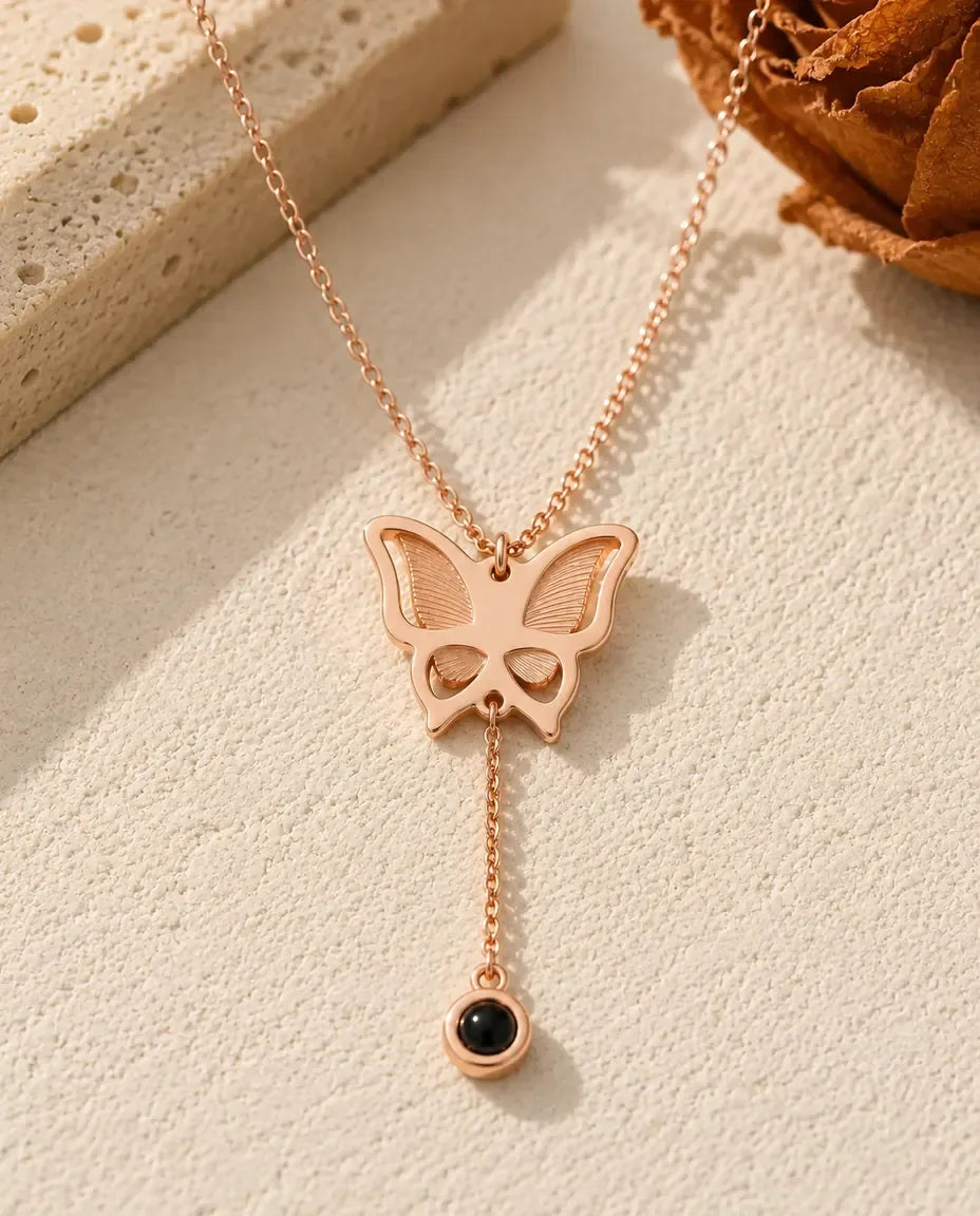 Personalized Butterfly Photo Projection Necklace - in rose gold finish