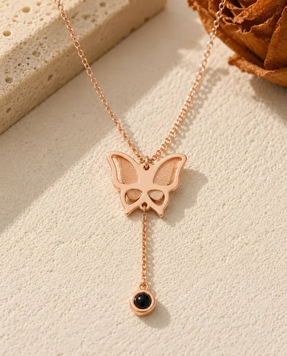 Personalized Butterfly Photo Projection Necklace - in rose gold finish