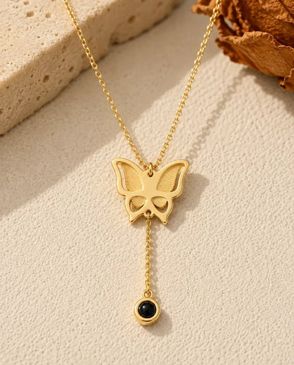 Personalized Butterfly Photo Projection Necklace - in gold finish