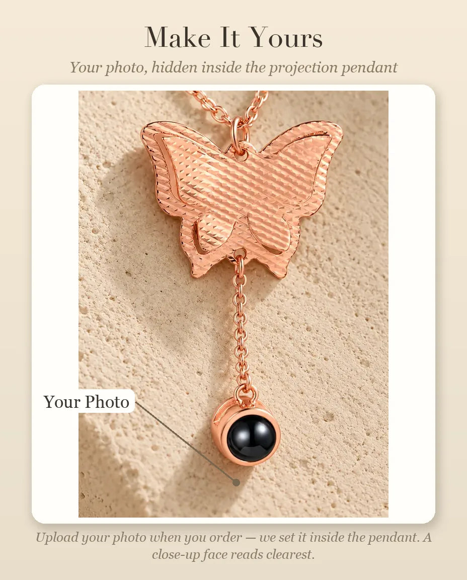 Personalized Butterfly Photo Projection Necklace - personalization guide: photo upload