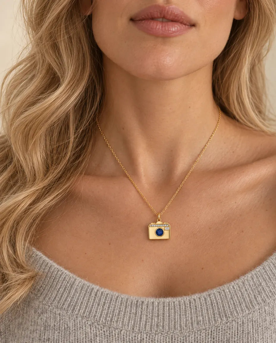 Personalized Camera Photo Locket Necklace That Holds 2 Pictures worn on a model