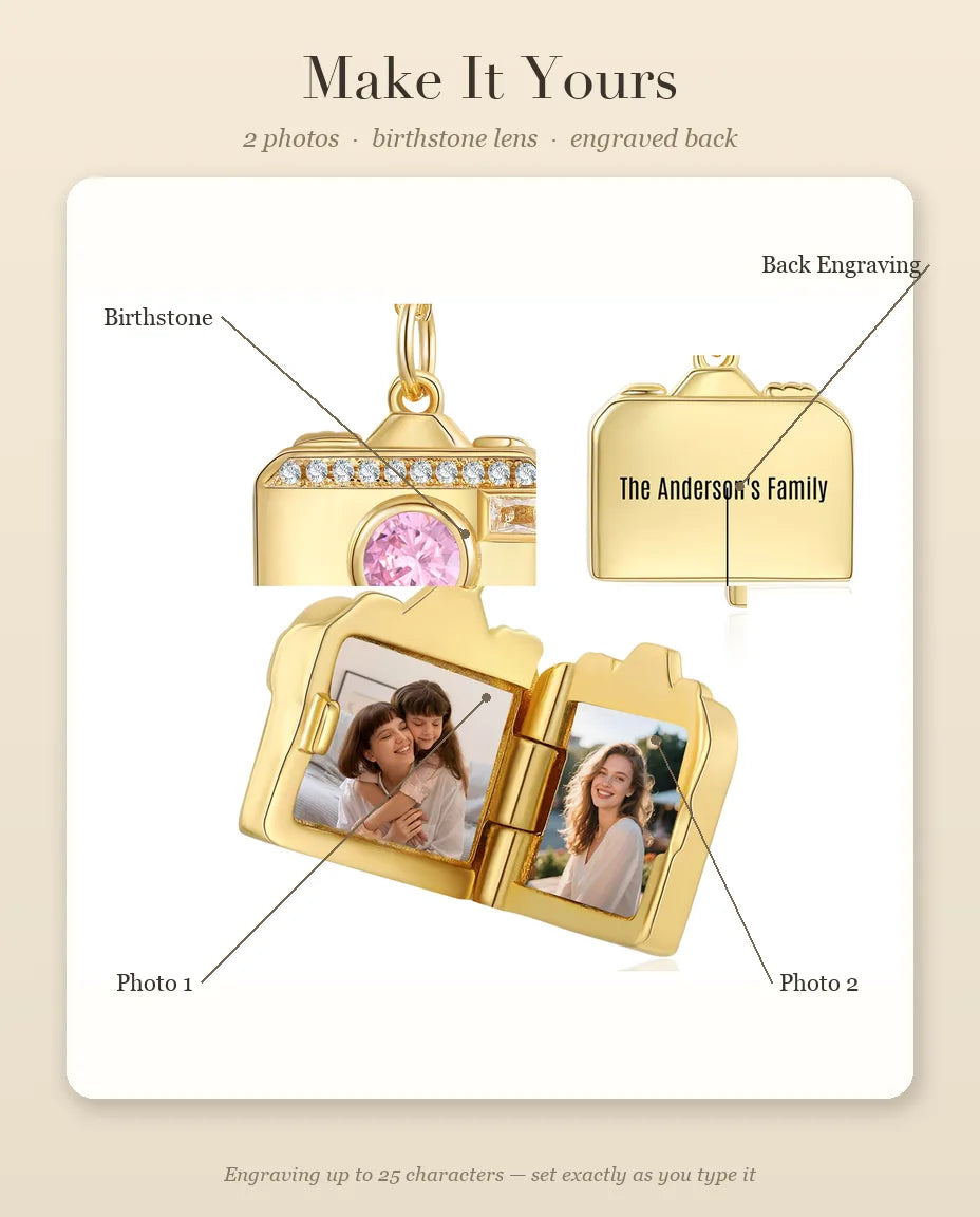 Personalization guide showing the birthstone lens, Photo 1, Photo 2 and the back engraving