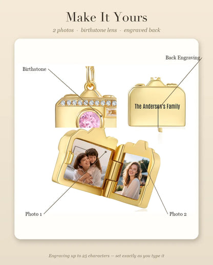 Personalization guide showing the birthstone lens, Photo 1, Photo 2 and the back engraving