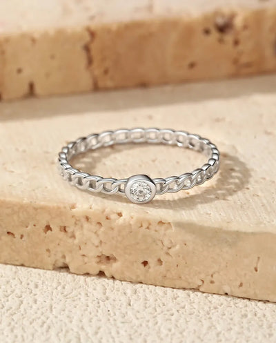 Moissanite Ring – Curb Chain Link Band, Bezel-Set Round Solitaire, 925 Sterling Silver Dainty Stacking Ring Gift for Her