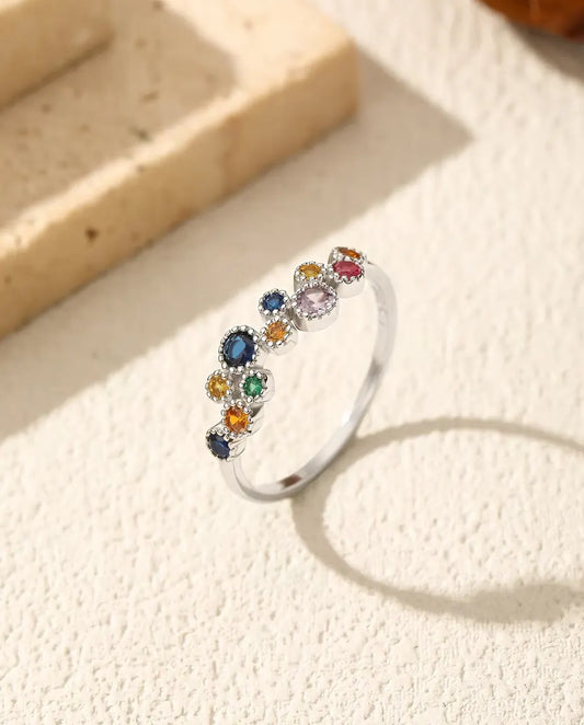 Colorful zirconia cluster ring with milgrain halos in 925 silver