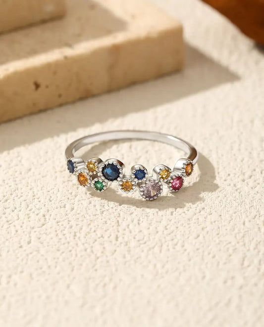Colorful zirconia cluster ring with milgrain halos in 925 silver