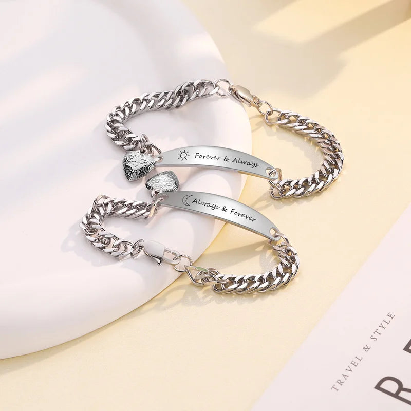 Couple Bracelets with Engraved Bar