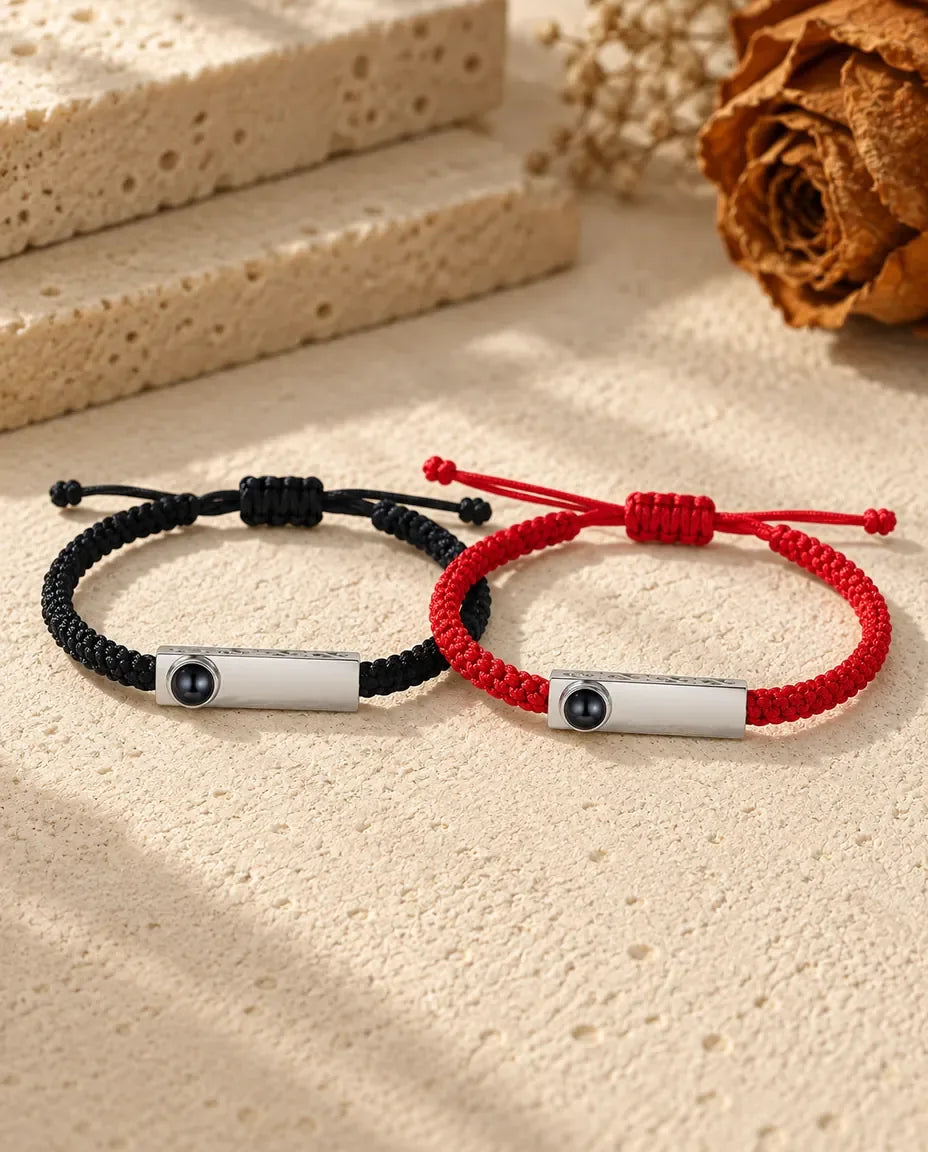 Photo Projection Couple Bracelet - matching pair laid flat