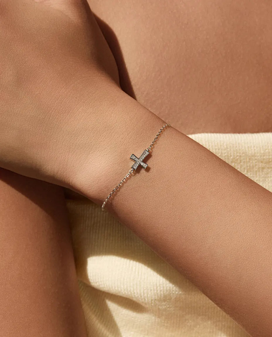 Cross moissanite bracelet, D color pave cross charm, 925 sterling silver