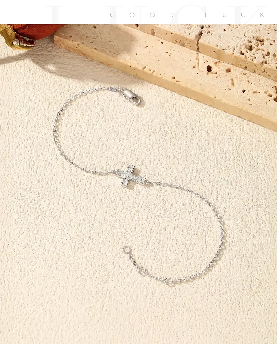 Cross moissanite bracelet, D color pave cross charm, 925 sterling silver