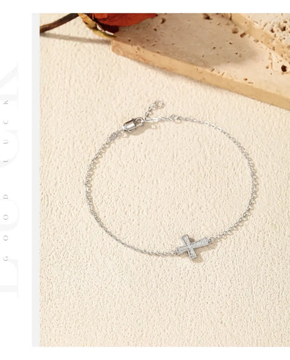 Cross moissanite bracelet, D color pave cross charm, 925 sterling silver