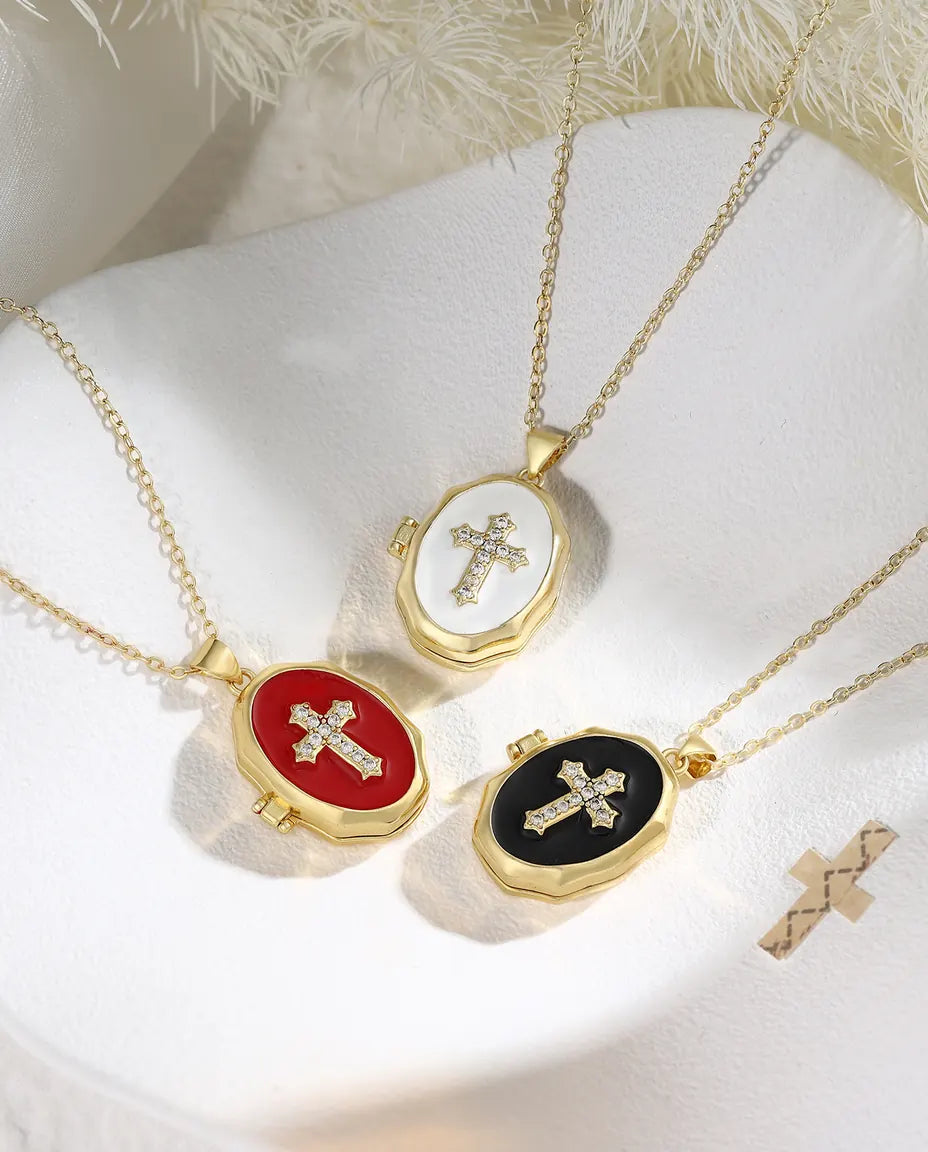 Cross photo locket necklaces in white red and black enamel with crystal cross