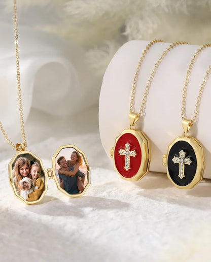 Cross photo locket necklace collection showing open locket and three enamel colors