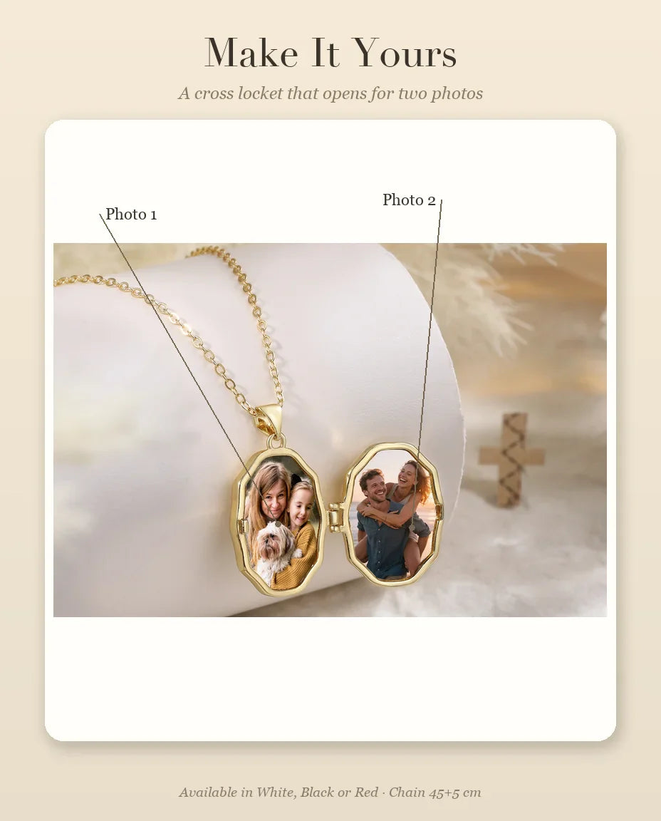 Personalization guide showing Photo 1 and Photo 2 placement inside cross locket