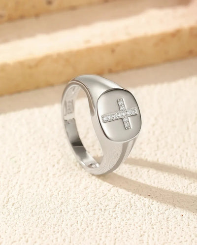 Cross Signet Ring – D Color Moissanite Pavé on 925 Sterling Silver, Polished Oval Statement Ring for Women & Men