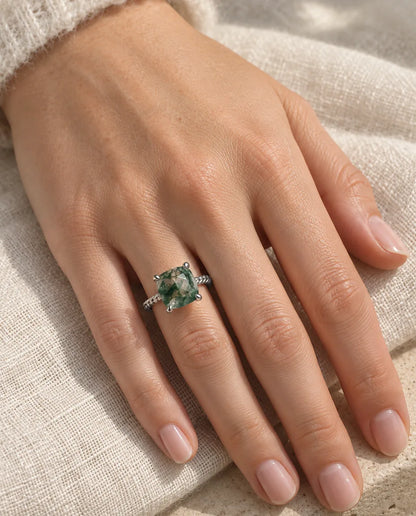 Statement Cushion Cut Moss Agate Ring - worn on the hand