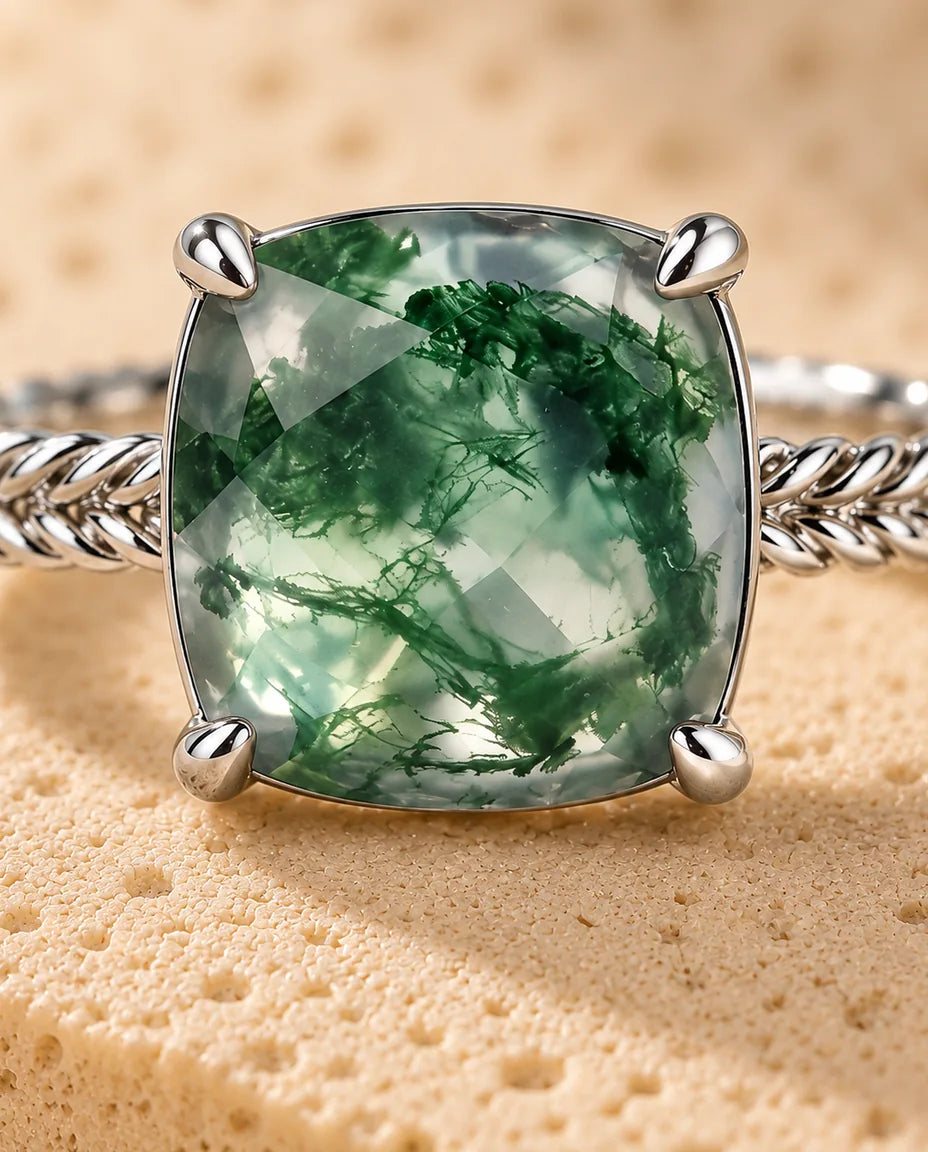 Statement Cushion Cut Moss Agate Ring - close-up of the gemstone