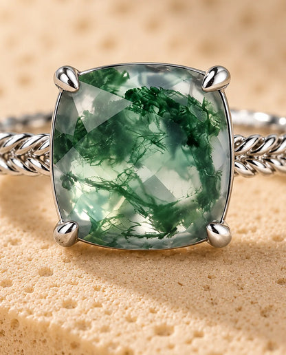 Statement Cushion Cut Moss Agate Ring - close-up of the gemstone