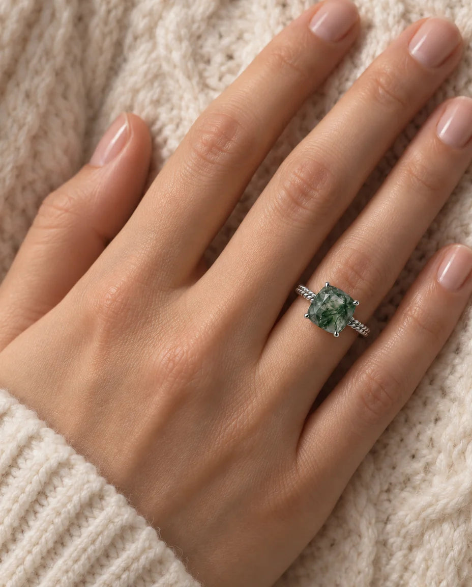 Statement Cushion Cut Moss Agate Ring - worn on the hand, close-up