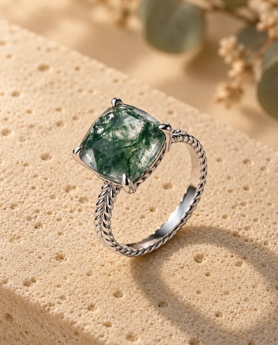 Statement Cushion Cut Moss Agate Ring - three-quarter view