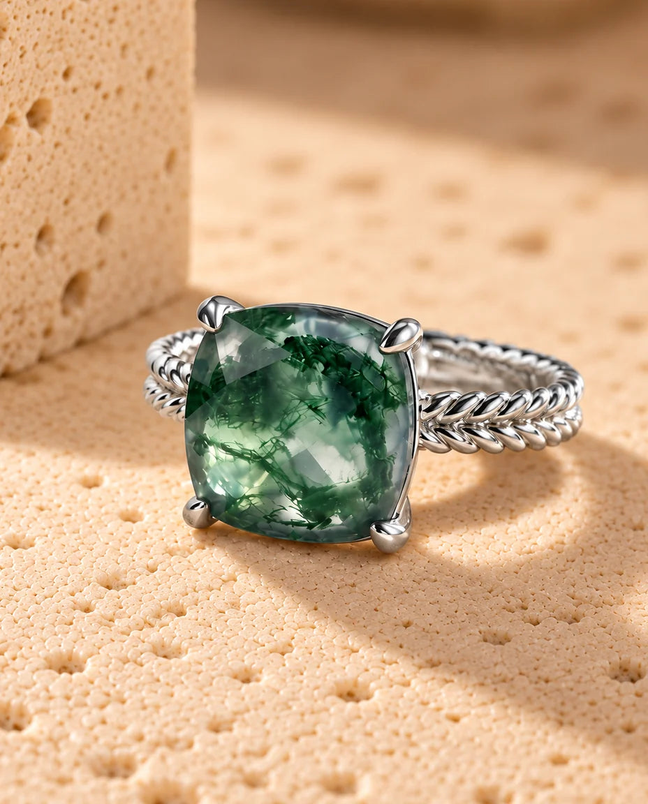 Statement Cushion Cut Moss Agate Ring - front view