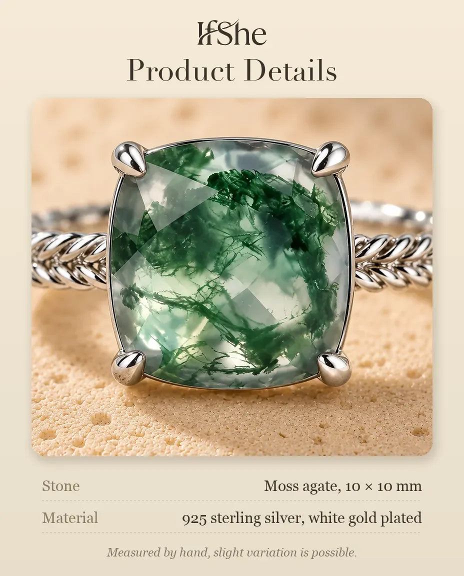 Statement Cushion Cut Moss Agate Ring - size and material details