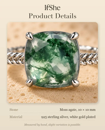 Statement Cushion Cut Moss Agate Ring - size and material details