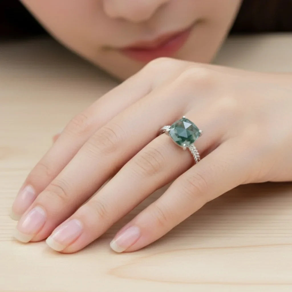 Cushion Cut Moss Agate Ring for Women 925 Sterling Silver