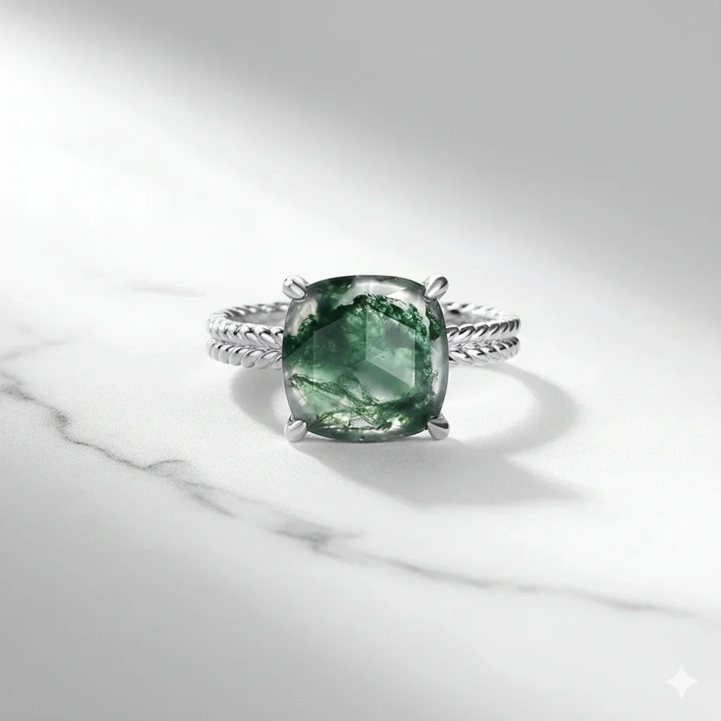 Cushion Cut Moss Agate Ring for Women 925 Sterling Silver