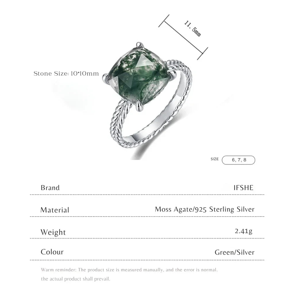 Cushion Cut Moss Agate Ring for Women 925 Sterling Silver