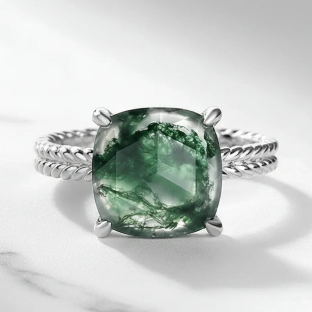 Cushion Cut Moss Agate Ring for Women 925 Sterling Silver