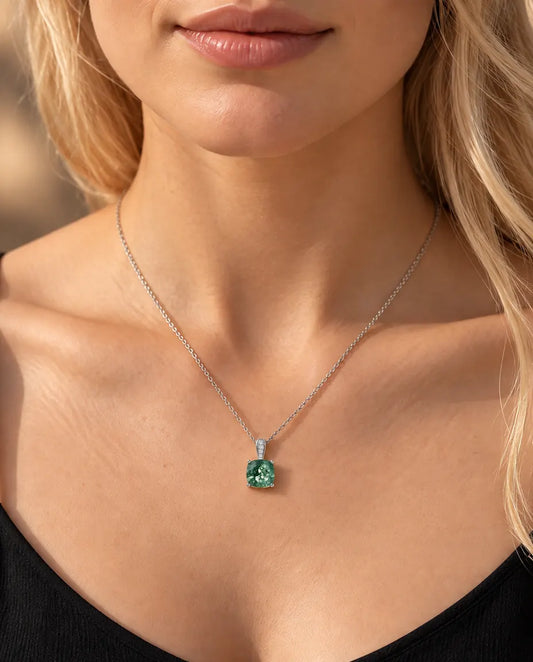 Cushion Moss Agate Pendant Necklace in 925 Sterling Silver - worn on a model, close-up at the collarbone