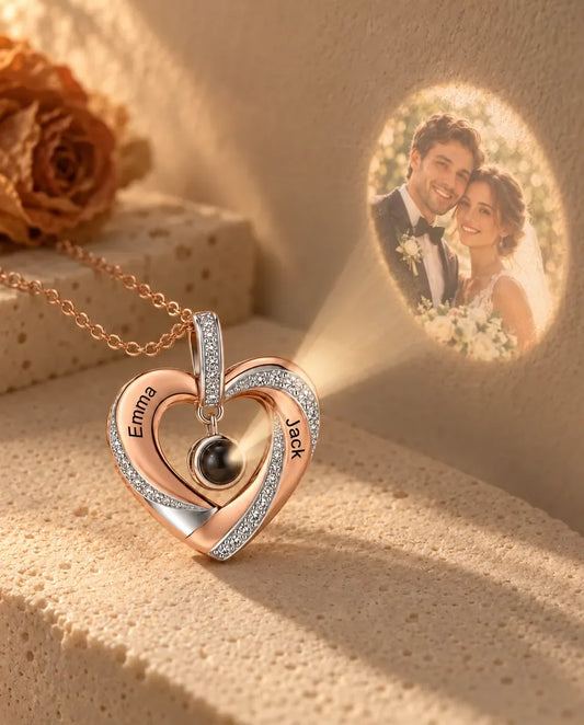 Engraved Heart Photo Projection Necklace - projecting the hidden photo onto a wall