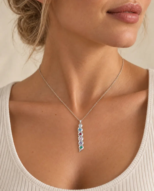Personalized Name & Birthstone Scroll Necklace - worn on a model