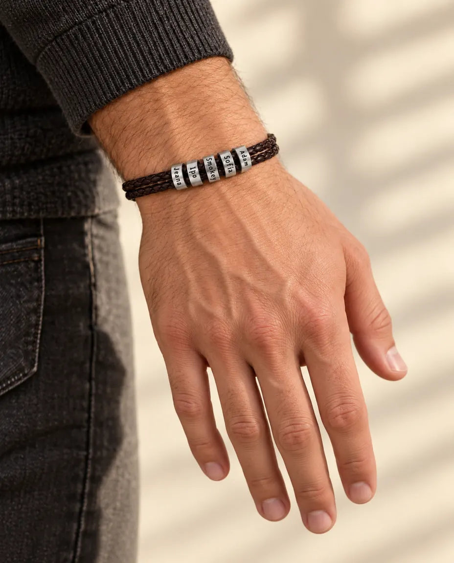 Personalized Men's Leather Bracelet - worn on a model