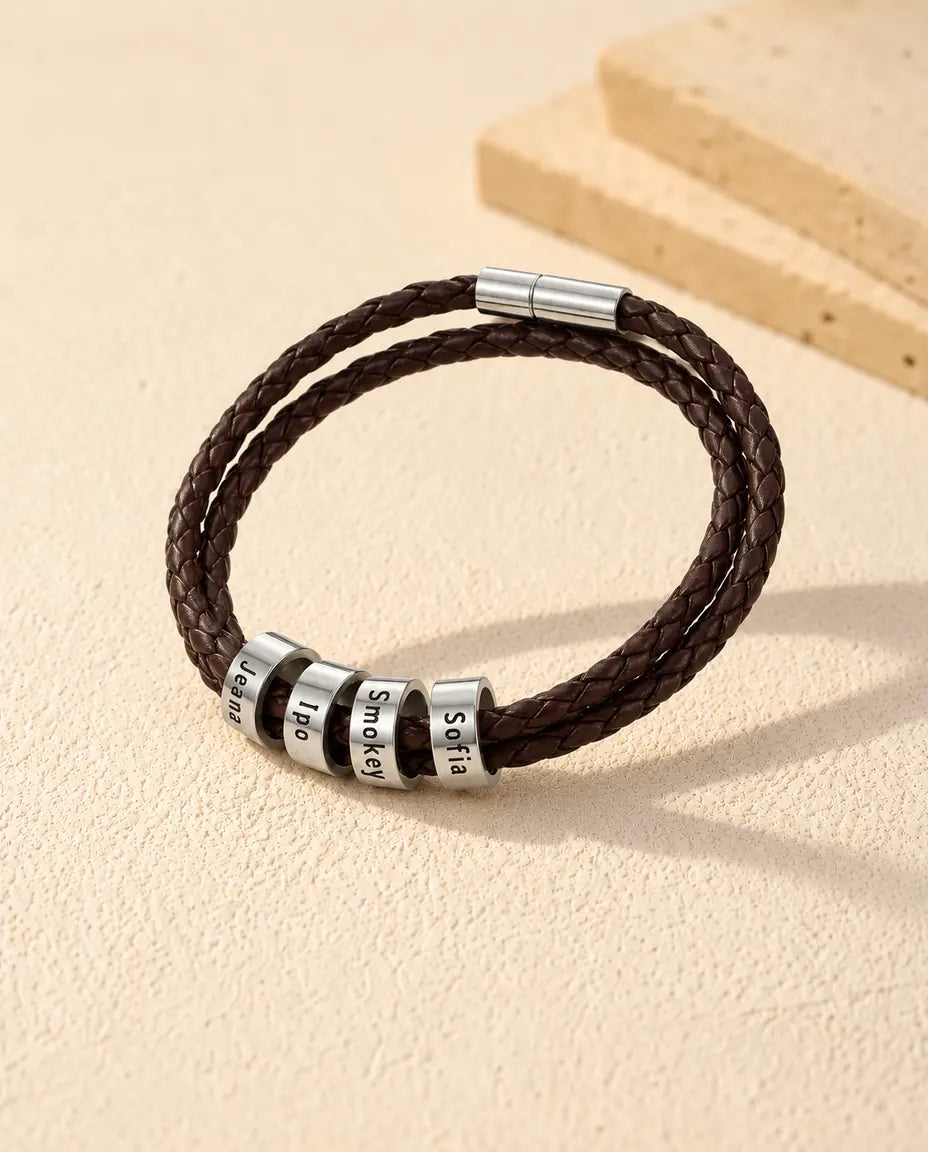 Personalized Men's Leather Bracelet - three-quarter view