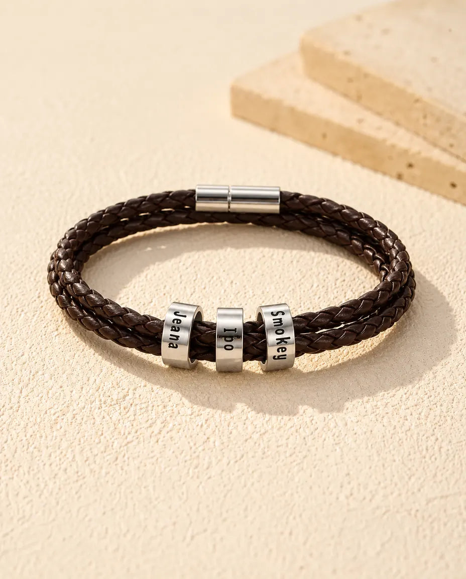 Personalized Men's Leather Bracelet - version with 3 names