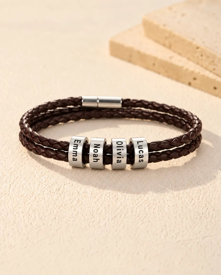 Personalized Men's Leather Bracelet - version with 4 names